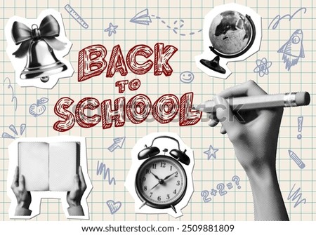 back to school concept design set with hand writing holding pencil reading book alarm clock bell globe isolated on graph paper doodle background retro grunge dotted halftone cutout collage element