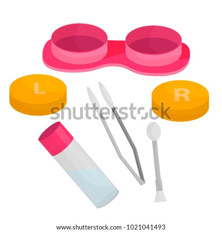 Contact lenses set. Container for lenses, bottle, tweezers.