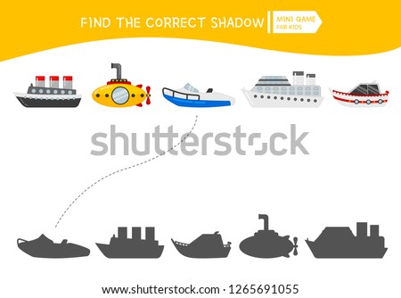 Educational  game for children. Find the right shadow. Kids activity with cartoon water transport.