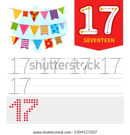 Kids learning material. Card for learning numbers. Number 17. Cartoon 
cute flags.
