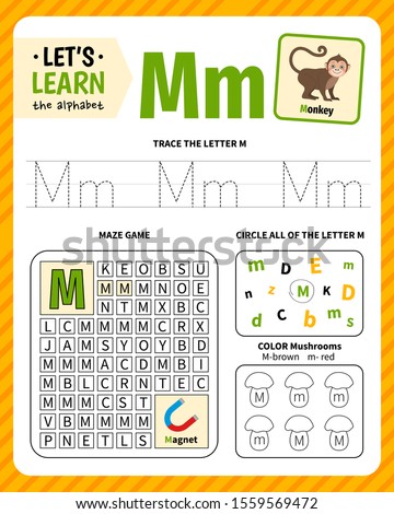 Kids learning material. Worksheet for learning alphabet. Letter M.