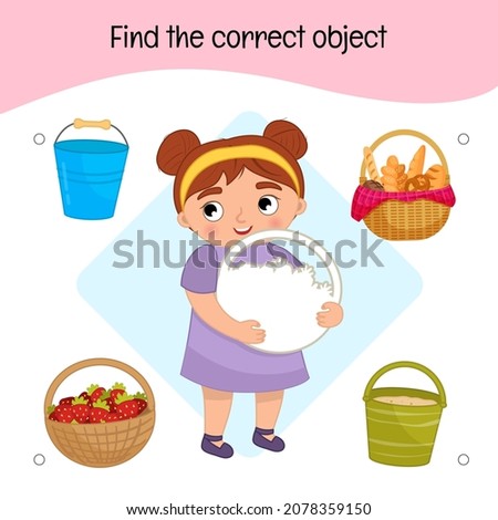 Educational  game for children. Find the correct object. Kids activity with cute girl with a basket in her hands.