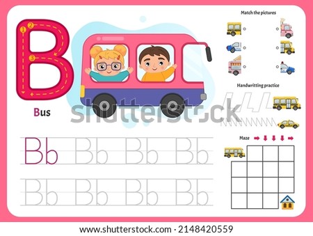 Handwriting practice sheet. Basic writing. Educational game for children. Worksheet for learning alphabet. Letter B.
