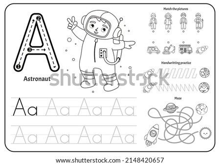 Handwriting practice outline sheet. Basic writing. Educational game for children. Worksheet for learning alphabet. Letter A. Illustration of cute boy astronauts.
