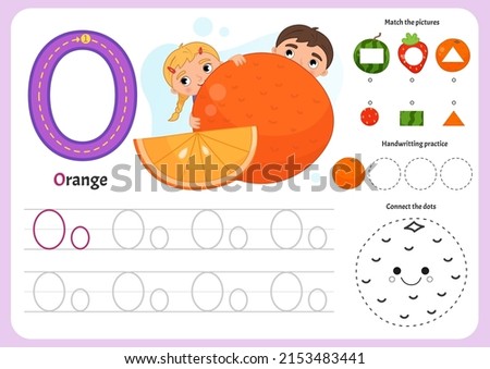 Handwriting practice sheet. Basic writing. Educational game for children. Worksheet for learning alphabet. Letter O. Illustration of cute girl and a boy are sitting behind a big orange.
 Foto stock © 