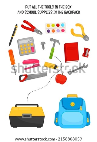 Sorting children educational game. Activity for presсhool years kids and toddlers. Put all the tools in the toolbox, put all the school supplies in the backpack.

