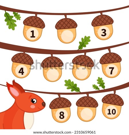 Counting educational children game, math kids activity sheet. Have the squirrel fill in the missing numbers in the acorns.
