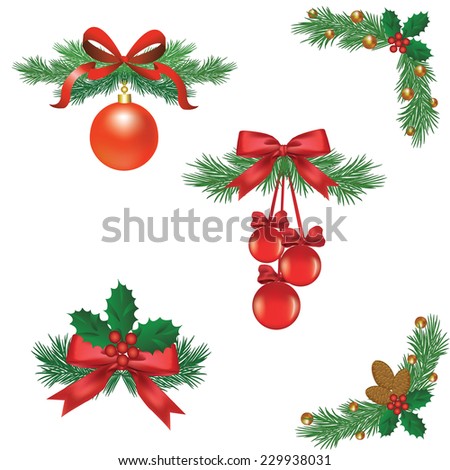 Set of Christmas tree decorations with ribbons and balls with cones