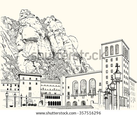 Drawing of Montserrat Monastery in the mountains in Spain