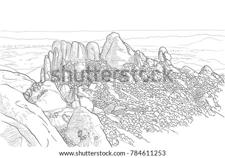 Vector drawing of Montserrat mountains on a white background. Spain