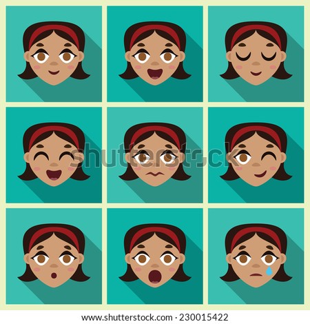 Flat long shadow square icons with human emotions. Vector set.