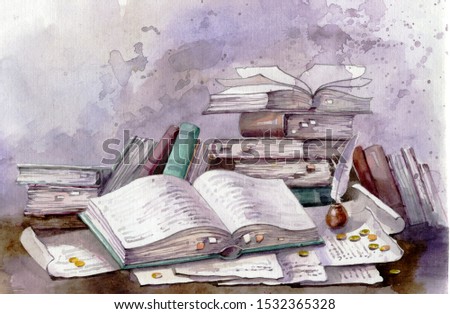 old books and folios, watercolor illustration.