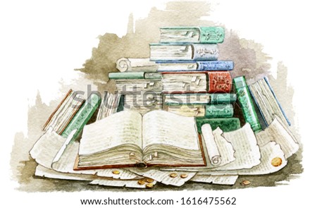 old books and folios on the table, beautiful watercolor illustration.