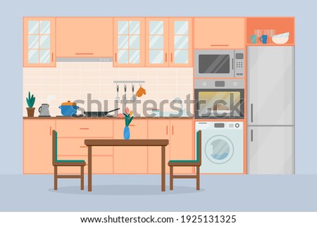 Cozy kitchen interior, flat vector illustration. Refrigerator, oven, microwave, washing machine, flowerpot, dishes, dining table and chairs.