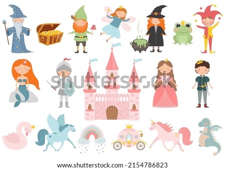 Set of cartoon fairy tale characters. Princess, prince, fairy, pegasus, stargazer, swan, knight, witch, mermaid, gnome, unicorn, frog princess, jester, carriage, dragon, castle.