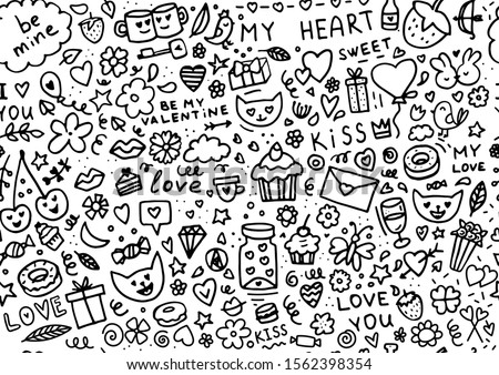 Big doodle set of elements for Valentine's day. Hearts, sweets, flowers, garlands, balls, gifts and other cute items.