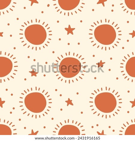 Cute baby boho seamless pattern with simple sun and star. Bohemian baby seamless pattern. Soft colors surface design for kids fabric and nursery decor. Gender neutral design. Vector Illustration