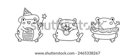 Cute cartoon frogs. Kawaii froggie pack. Baby animals bundle for childish stickers. Cartoon summer characters for kids prints. Black outline illustration on a white background. Coloring book page