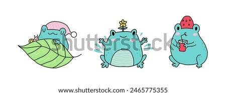 Cute cartoon frogs. Kawaii froggie pack. Baby animal stickers. A frog with a strawberry, a drink, a flower, and sleeping with a snail. Cartoon childish flat characters. Flat illustration on a white