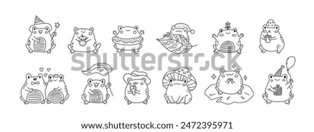 Cute cartoon frogs. Kawaii froggie pack. Baby animals bundle for childish stickers. Cartoon summer characters for kids prints. Black outline illustration on a white background. Coloring book page