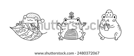 Cute cartoon frogs. Kawaii froggie pack. Baby animals bundle for childish stickers. Cartoon summer characters for kids prints. Black outline illustration on a white background. Coloring book page