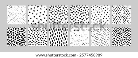 Black and white doodle seamless pattern set. Includes hand drawn backgrounds with hearts, stripes, dots, small dashes, and raindrops. Minimalist vector design, perfect for fabrics, and wallpapers