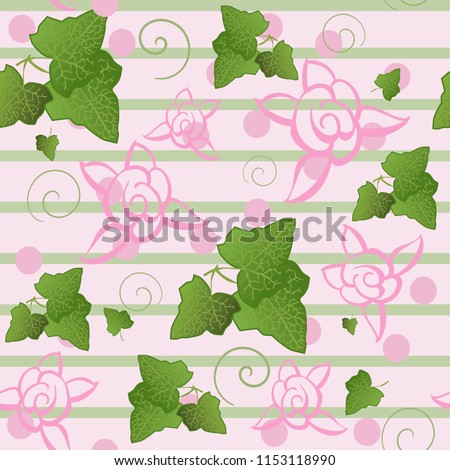 Ivy Roses pink green stripes seamless vector background
