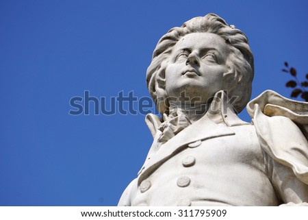 Vienna, Austria - August 28, 2015: Close up of Mozart Statue in Imperial Palace Park, Vienna on August 28, 2015.