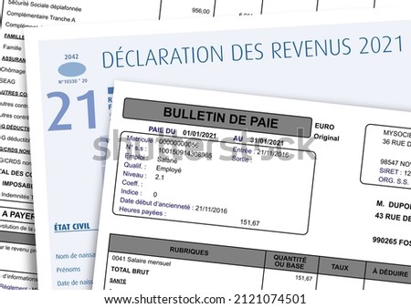 French 2021 Income Tax Return and Pay Slip.
Déclaration de Revenus means Income tax return and Bulletin de Paie means Pay Slip Сток-фото © 
