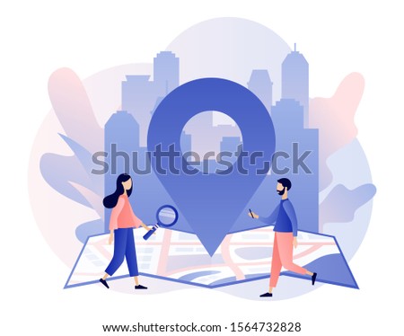 GPS navigation concept. Tiny people search on location. Online map. We have moved. City landscape background. Modern flat cartoon style. Vector illustration