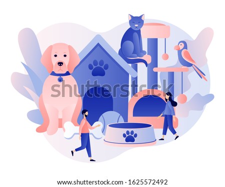 Pets care services. Pet shop. Tiny people and Pets Concept. Pet hotel, daycare, veterinary service. Modern flat cartoon style. Vector illustration on white background