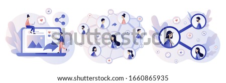 Share concept. Tiny people sharing data, photos, links, posts and news in social networks. Modern flat cartoon style. Vector illustration on white background