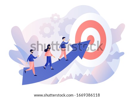 Efforts to achieve target. Perseverance, Challenge, Career and personal growth. Tiny people businessmen running towards the goal. Modern flat cartoon style. Vector illustration on white background Photo stock © 