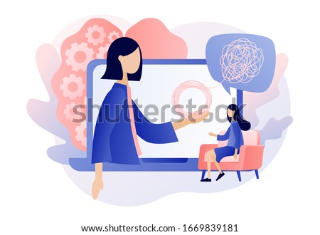 Psychologist online. Psychotherapy practice, psychological help, psychiatrist consulting patient. Psychology. Modern flat cartoon style. Vector illustration on white background