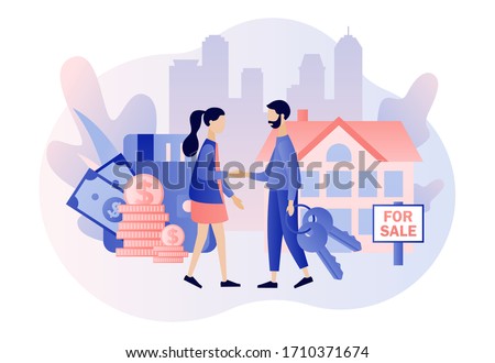 House for sale. Real estate business concept with houses. Tiny real estate agent or broker shaking hands with people buying house. Modern flat cartoon style. Vector illustration on white background