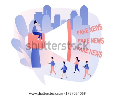 Fake news metaphors. Tiny people and big megaphone with Fake News text. Mass media, hot online information, propaganda newscast. Modern flat cartoon style. Vector illustration on white background