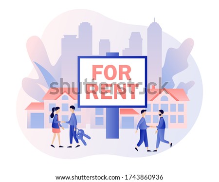 Big sign House for sale. Real estate business concept with houses. Tiny real estate agents or broker shaking hands with people. Modern flat cartoon style. Vector illustration on white background