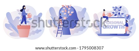 Personal growth concept. Metaphor growth personality as plant. Tiny people that self-improvement, self development. Modern flat cartoon style. Vector illustration 