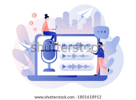 Voice messages concept. Tiny people use microphone in laptop to record message or to voice assistant. Chat app. Online communication. Modern flat cartoon style. Vector illustration on white background