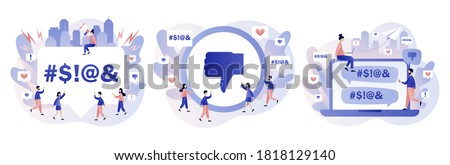 Haters online. Cyberbullying, bullying internet, trolling and hate speech. Tiny people put dislikes and write negative comments. Modern flat cartoon style. Vector illustration on white background