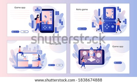 Retro game app. Tiny people playing video game using laptop, smarthphone and tablets. Screen template for mobile smart phone, landing page, template, ui, web, mobile app, poster, banner, flyer. Vector