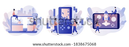 Retro game app. Tiny people playing video game, tetris, classic platformer using laptop, smarthphone and tablets. Modern flat cartoon style. Vector illustration on white background