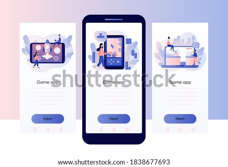 Retro game app. Tiny people playing video game, tetris, classic platformer using laptop, smarthphone and tablets. Screen template for mobile smart phone. Modern flat cartoon style. Vector illustration