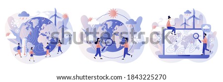 Meteorology science. World Meteorological day. Tiny people meteorologists studying and researching weather and climate condition. Modern flat cartoon style. Vector illustration on white background