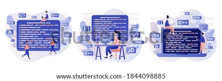 Programming and engineering development. Programmer or developer create code programming language. PHP, HTML, C++, CSS, Js. Modern flat cartoon style. Vector illustration on white background