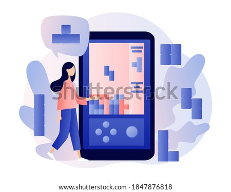 Пame app. Tiny girl playing retro game using smartphone. Modern flat cartoon style. Vector illustration on white background 