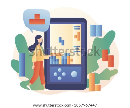 Game app. Tiny girl playing tetris - retro game using smartphone. Modern flat cartoon style. Vector illustration on white background 