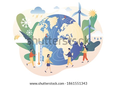 Meteorology science. World Meteorological day. Tiny people meteorologists studying and researching weather and climate condition. Modern flat cartoon style. Vector illustration on white background