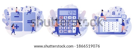 Calculator app. Tiny people with calculating. Accounting, financial analytics, bookkeeping,  budget calculation, audit debit and credit calculations. Modern flat cartoon style. Vector illustration 