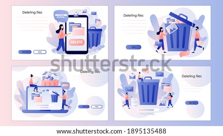 Delete concept. Tiny people deleting data and move unnecessary files to the trash bin. Screen template for mobile smart phone, landing page, template,ui, web, mobile app, poster, banner, flyer. Vector